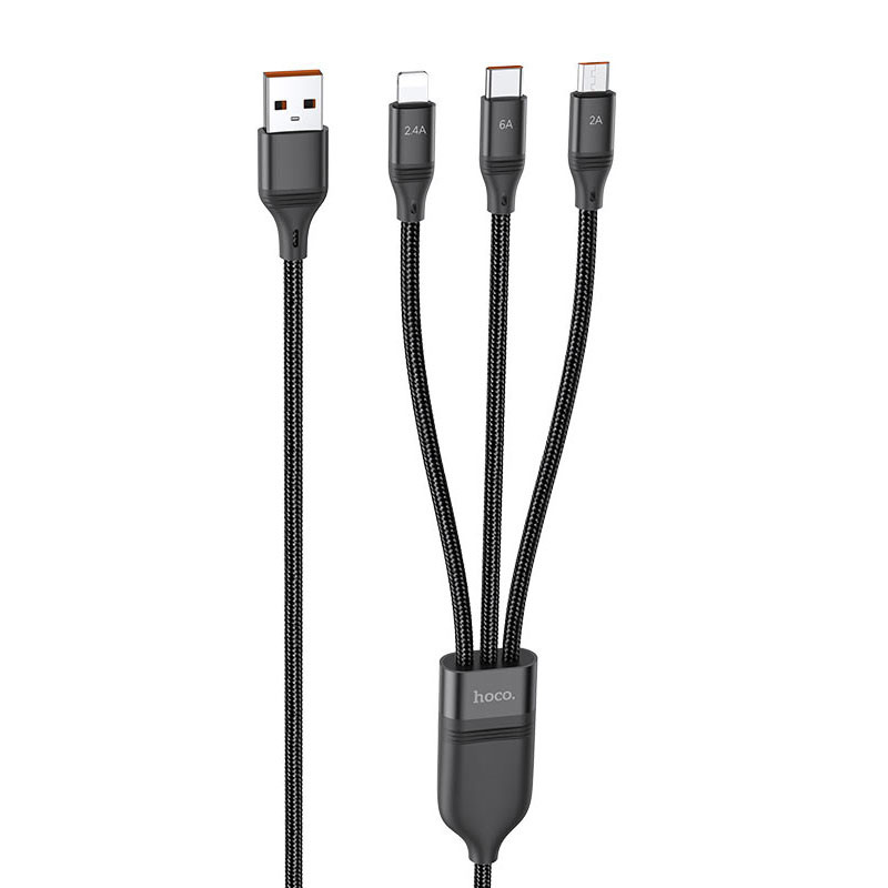 Дата кабель Hoco U104 Ultra 3in1 USB to Lightning/Type-C/MicroUSB 66W (1.2m) Чорний