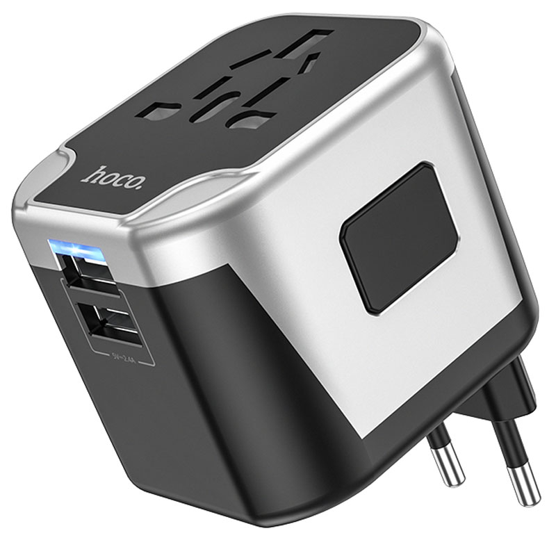 Мережевий універсальний перехідник Hoco AC5 Level 2USB+Socket Black