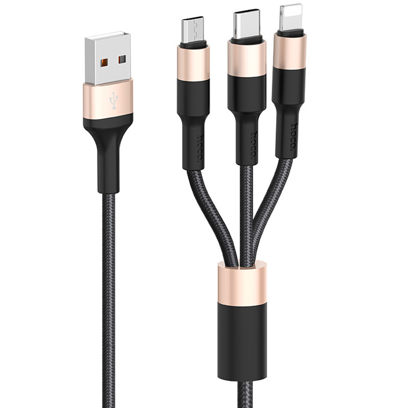 Дата кабель Hoco X26 Xpress 3in1 USB to Lightning/Type-C/MicroUSB 2A (1.2m) Чорний / Золотий