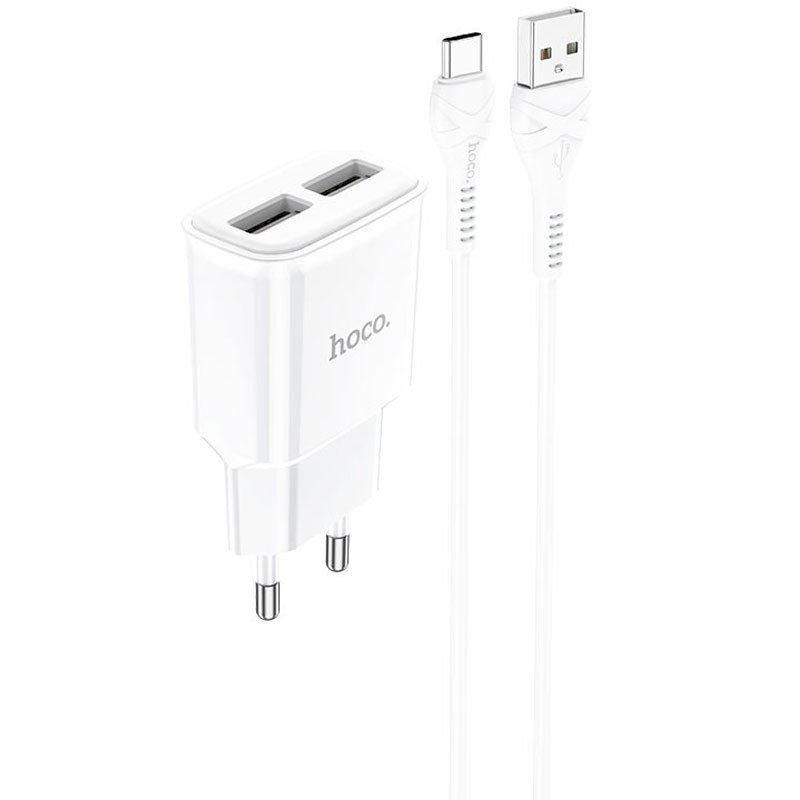 МЗП Hoco C88A Star round 2.4A (2USB-A) + кабель USB to Type-C Білий